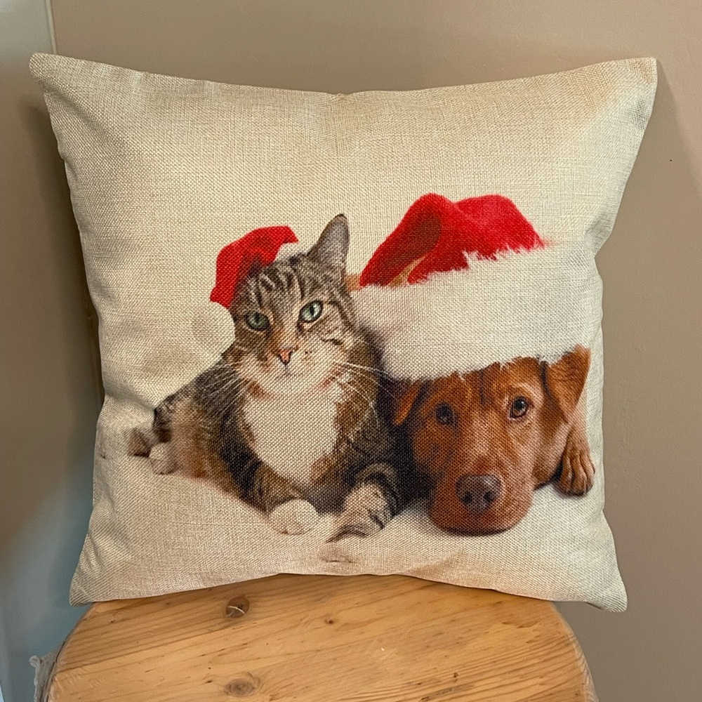 New Handmade Decorative Throw Festive Cat and Dog Holiday Pillow